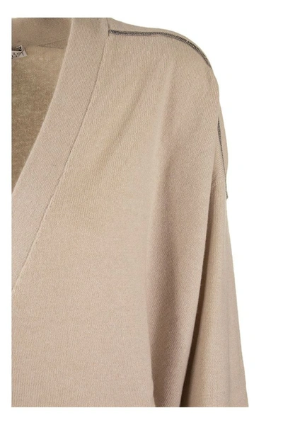 Shop Brunello Cucinelli Cashmere Cardigan With Shiny Shoulder Embroidery In Beige