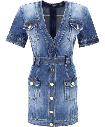 Shop Balmain Zipped Denim Dress In Blue