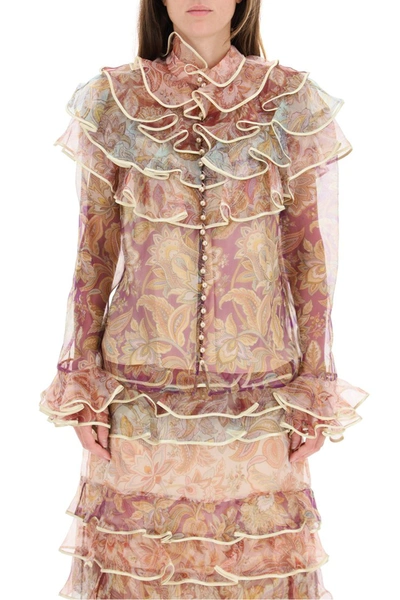 Shop Zimmermann Lucky Tired Printed Organza Blouse In Spliced Jacobean