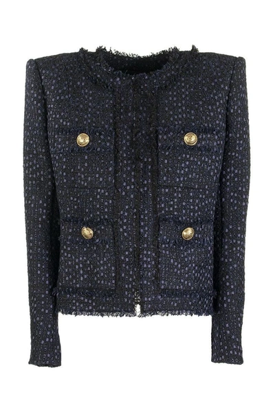 Shop Balmain Blue Tweed Jacket With Gold-tone Buttons