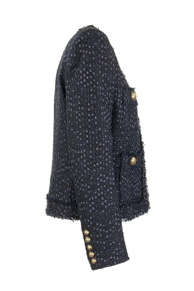 Shop Balmain Blue Tweed Jacket With Gold-tone Buttons