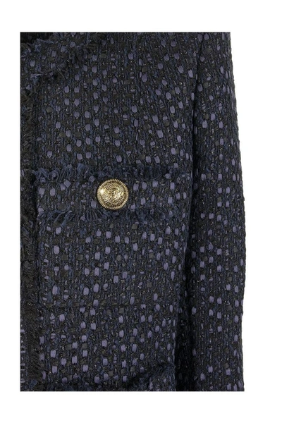 Shop Balmain Blue Tweed Jacket With Gold-tone Buttons