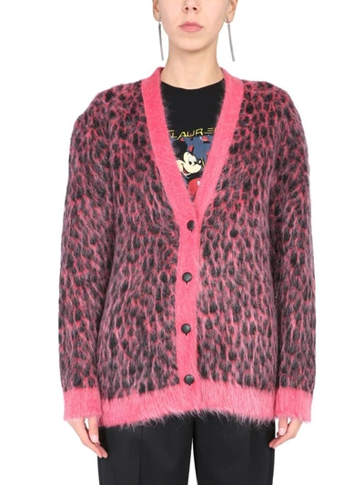 Shop Saint Laurent Leopard Jacquard Cardigan In Pink