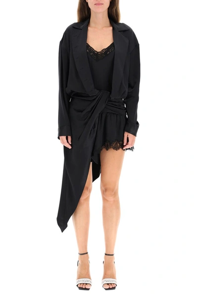 Shop Alexander Wang Asymmetrical Satin Mini Dress With Lace In Black