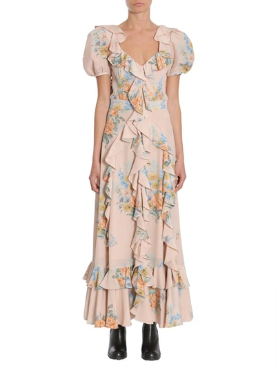 Shop Alexander Mcqueen Floral Print Ruched Silk Dress In Beige