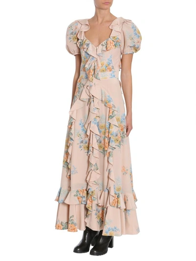 Shop Alexander Mcqueen Floral Print Ruched Silk Dress In Beige