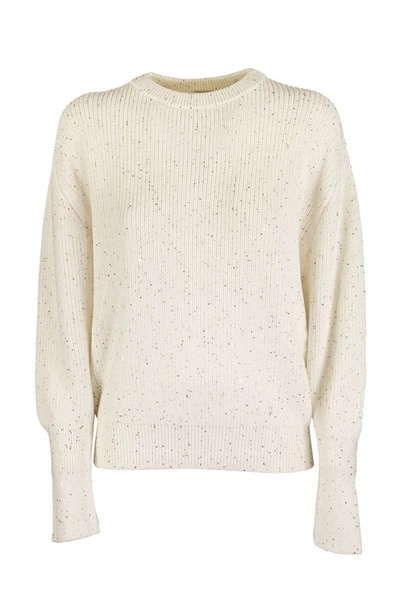 Shop Brunello Cucinelli Crewneck Sweater Cotton And Silk Half English Rib Dazzling Tweed In Cream