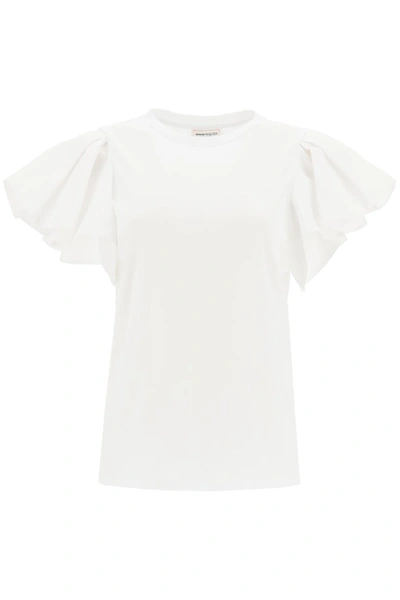 Shop Alexander Mcqueen Ruffled T-shirt In Opticalwhite
