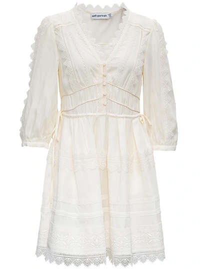 Shop Self-portrait Viscose Twill Dress With Lace Inserts In White