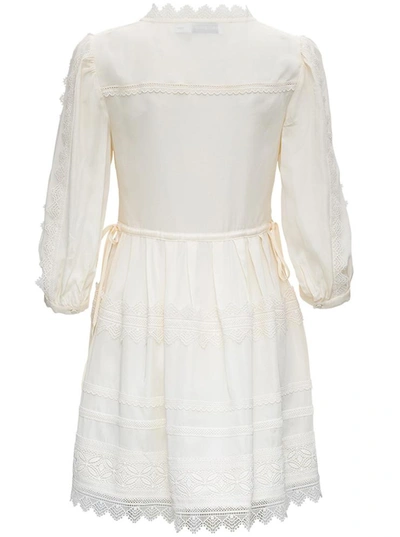 Shop Self-portrait Viscose Twill Dress With Lace Inserts In White
