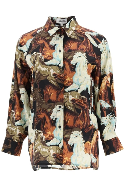 Shop Kenzo Horses-print Silk Shirt In Noir