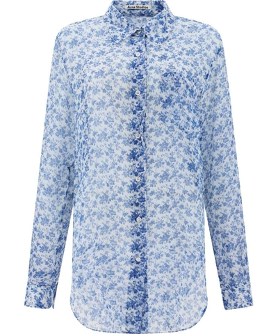 Shop Acne Studios Silk Shirt With Floral Print In Blue