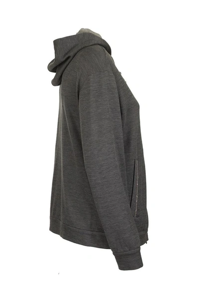 Shop Brunello Cucinelli Light Cotton And Silk Terry Sweatshirt With Jewels In Dark Grey