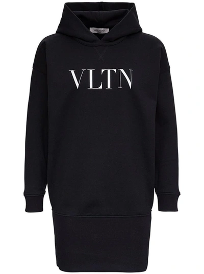 Shop Valentino Hooded Dress With Logo Print In Black