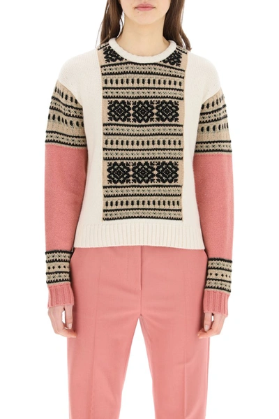 Shop Max Mara Liana Jacquard Sweater In Avorio Nero Cammello Rosa