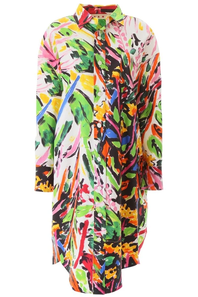 Shop Marni Floral Print Long Oversized Shirt In Multi