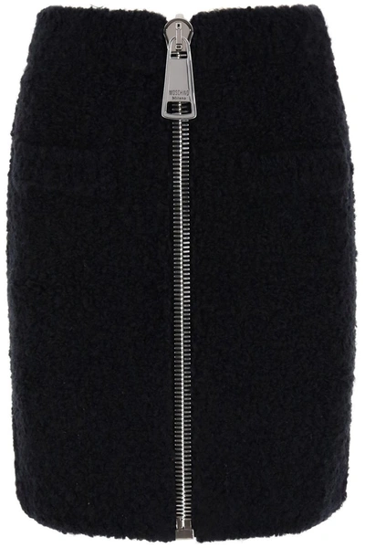 Shop Moschino Boucle' Mini Skirt With Maxi Zip In Nero