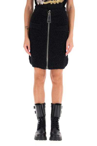 Shop Moschino Boucle' Mini Skirt With Maxi Zip In Nero