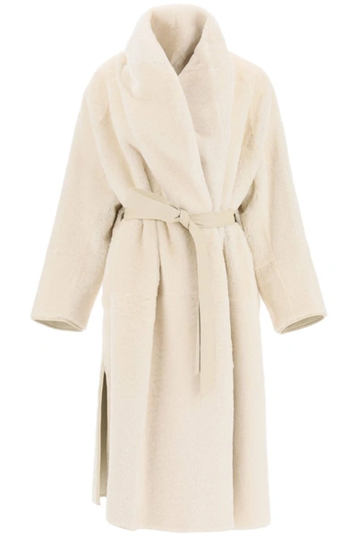 Shop Max Mara Long Reversible Shearling Coat In Bianco