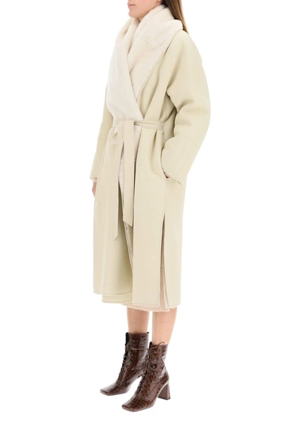 Shop Max Mara Long Reversible Shearling Coat In Bianco