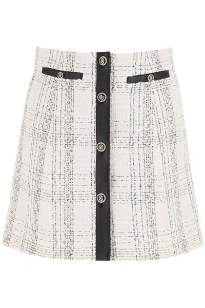 Shop Ferragamo Salvatore  Tartan Tweed And Leather Mini Skirt In Bone Nero