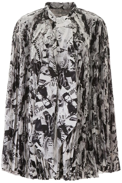 Shop Balenciaga Pleated Mini Dress With Magazine Print In Black White