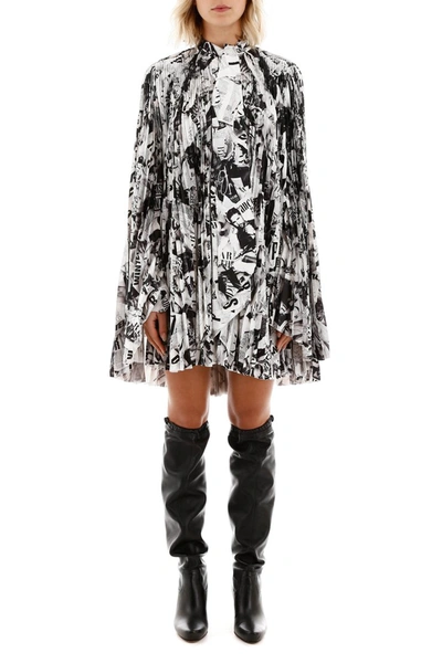 Shop Balenciaga Pleated Mini Dress With Magazine Print In Black White