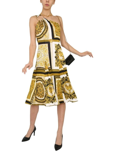 Shop Versace One Shoulder Dress In Multicolour