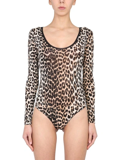 Shop Ganni Long Sleeve Bodysuit In Animalier