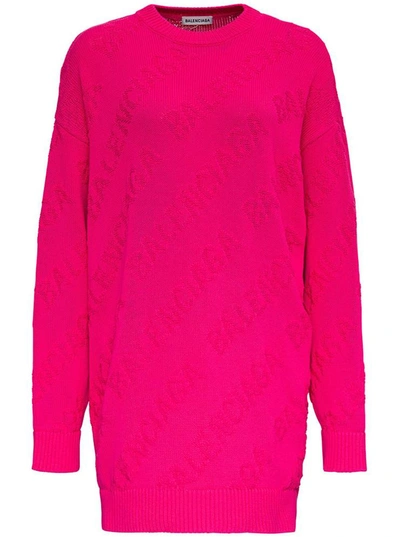 Shop Balenciaga Jacquard Sweater With Allover 3d Logo In Fuxia