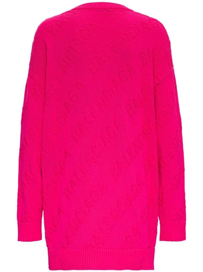 Shop Balenciaga Jacquard Sweater With Allover 3d Logo In Fuxia