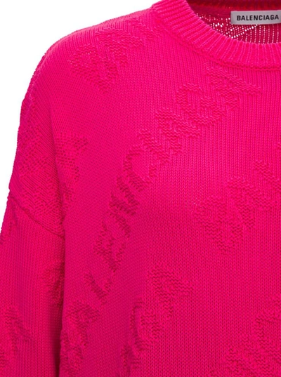 Shop Balenciaga Jacquard Sweater With Allover 3d Logo In Fuxia