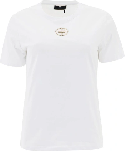 Shop Elisabetta Franchi Strass Logo T-shirt In White