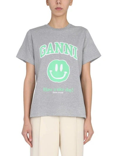 Shop Ganni T-shirt With Smiley Print In Grey
