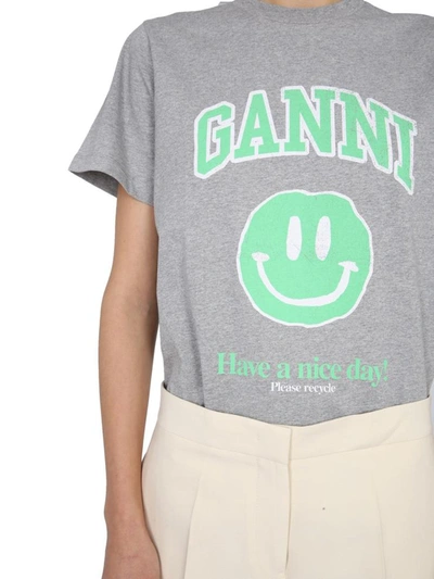 Shop Ganni T-shirt With Smiley Print In Grey