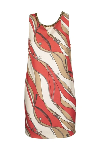Shop Elisabetta Franchi Boxy Dress With Foulard Print In Grapefruit/camel