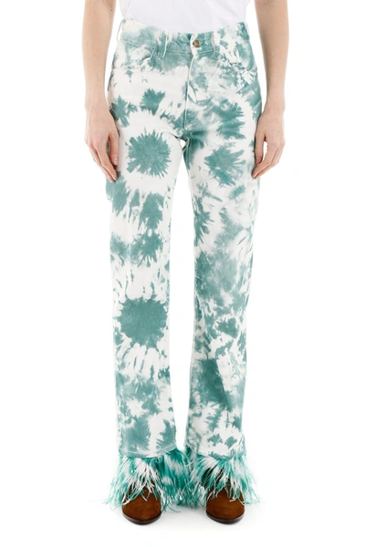 Shop Alanui Tie-die Jeans With Feathers In Smeraldo