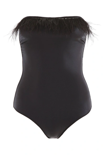 Shop Oseree Oséree Swimsuit With Feathers In Black