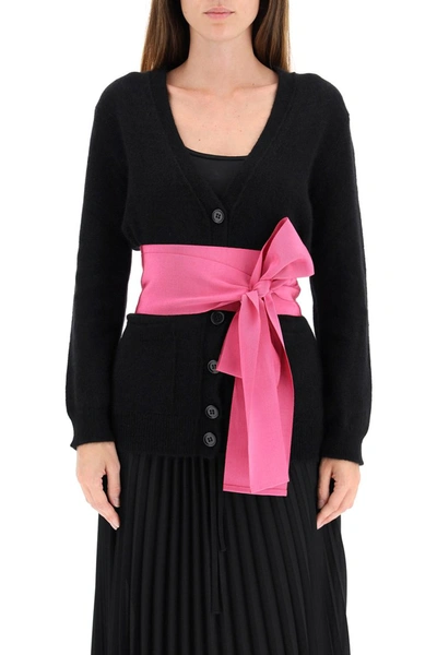 Shop Red Valentino Cardigan With Sash Belt In Nero Glossy Pink