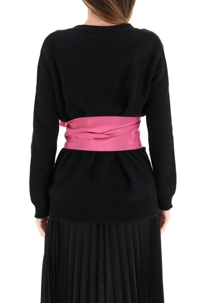 Shop Red Valentino Cardigan With Sash Belt In Nero Glossy Pink