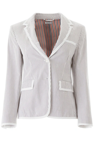 Shop Thom Browne Striped Seersucker Blazer In Med Grey