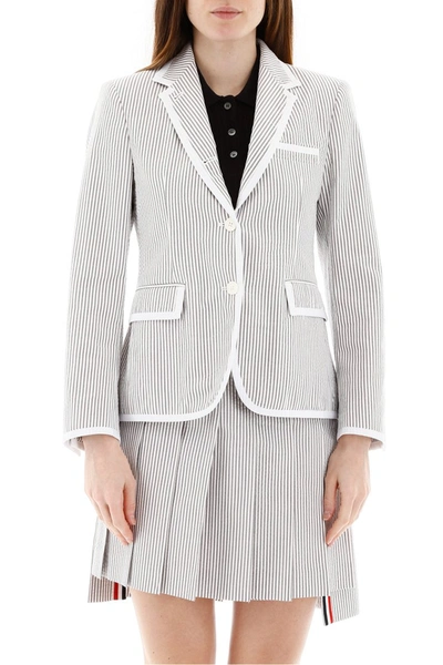 Shop Thom Browne Striped Seersucker Blazer In Med Grey