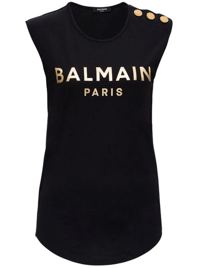 Shop Balmain Black Jersey T-shirt With Laminated Logo Print