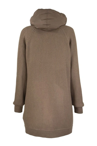 Shop Brunello Cucinelli Knit Outerwear Cashmere Rib Knit Outerwear Jacket With Monili And Detachable Down In Tobacco