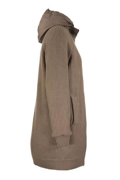 Shop Brunello Cucinelli Knit Outerwear Cashmere Rib Knit Outerwear Jacket With Monili And Detachable Down In Tobacco