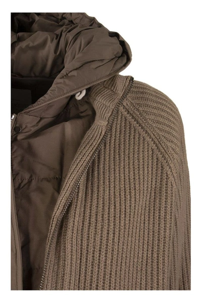Shop Brunello Cucinelli Knit Outerwear Cashmere Rib Knit Outerwear Jacket With Monili And Detachable Down In Tobacco