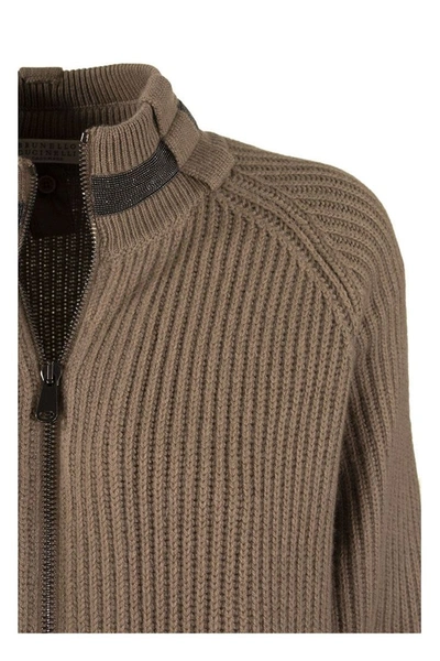 Shop Brunello Cucinelli Knit Outerwear Cashmere Rib Knit Outerwear Jacket With Monili And Detachable Down In Tobacco