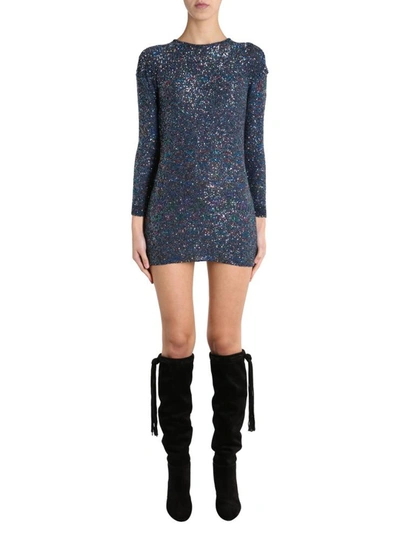 Shop Saint Laurent Long Sleeve Dress In Blue