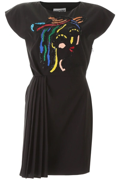 Shop Moschino Embroidered Short Dress In Fantasia Nero