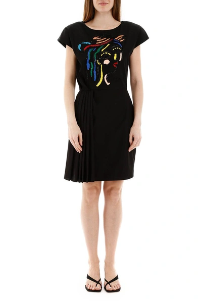 Shop Moschino Embroidered Short Dress In Fantasia Nero